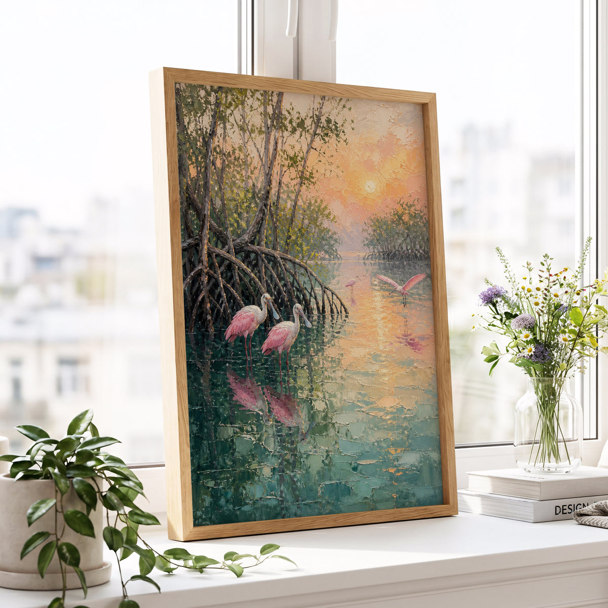 Rosewater Mangroves, green, pink, orange nature wall art displayed in a styled interior, gallery view 6