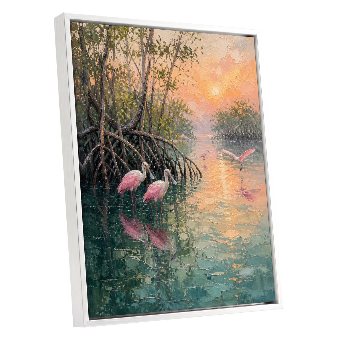 Rosewater Mangroves, green, pink, orange nature wall art shown as a white framed canvas wall art
