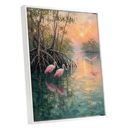 Rosewater Mangroves, green, pink, orange nature wall art shown as a white framed canvas wall art