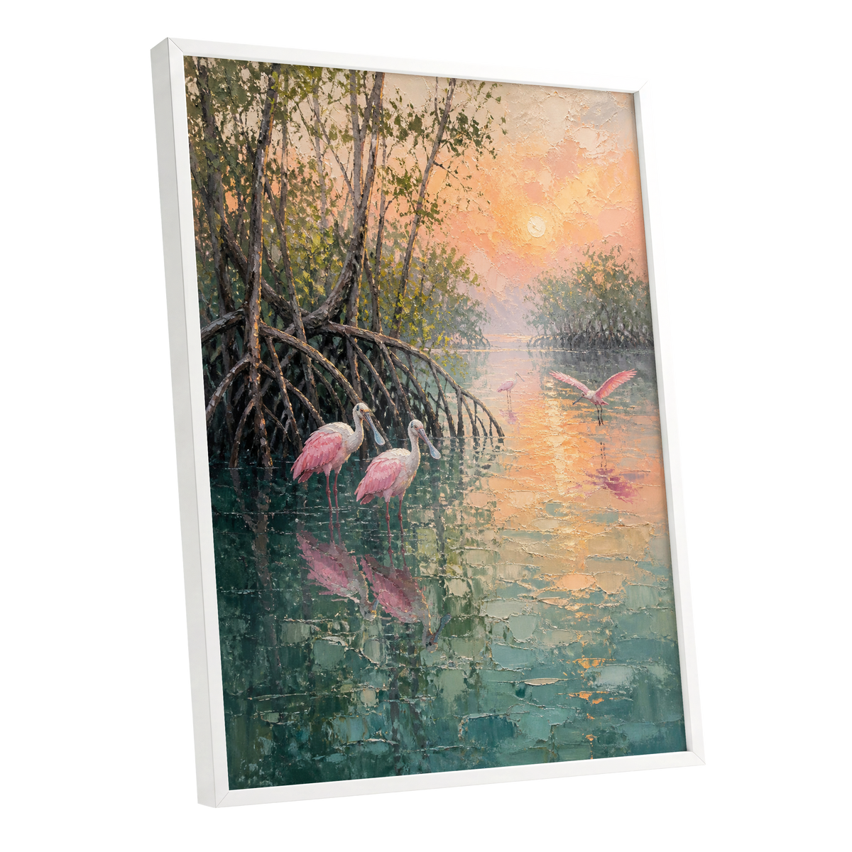 Rosewater Mangroves, green, pink, orange nature wall art shown as a white framed poster wall art print