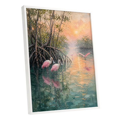Rosewater Mangroves, green, pink, orange nature wall art shown as a white framed poster wall art print