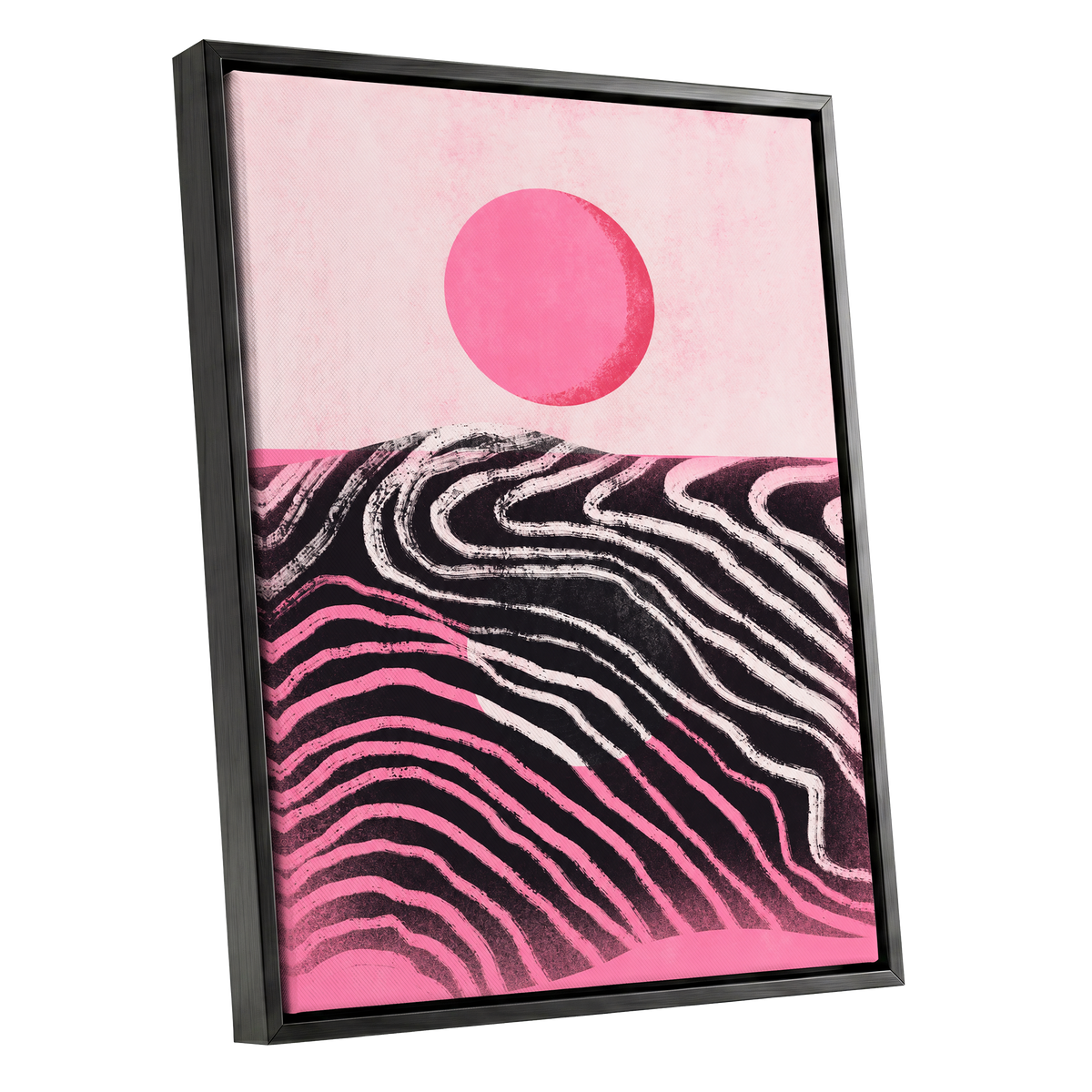 Rosewave Horizon, pink, black, white abstract wall art shown as a black framed canvas wall art