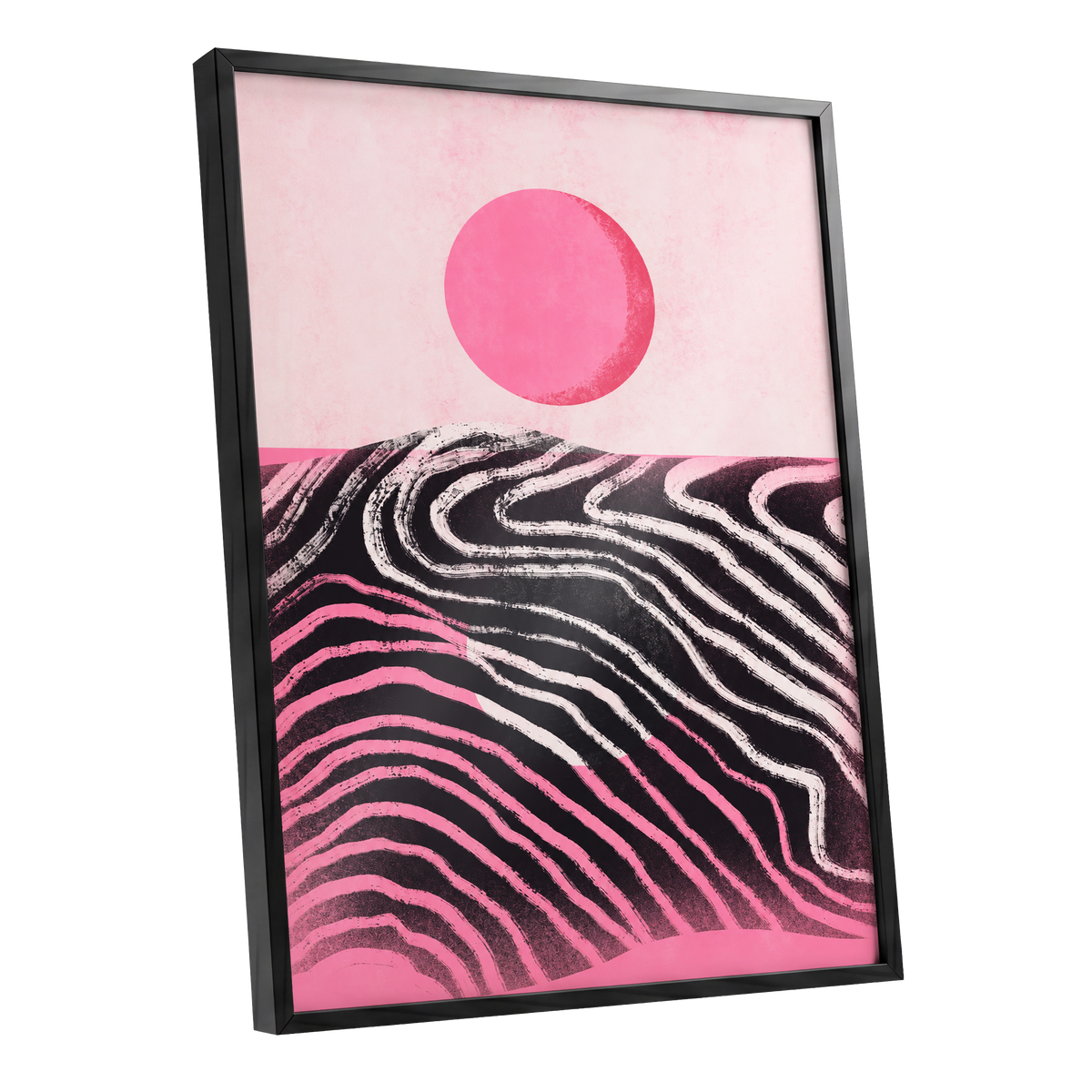 Rosewave Horizon, pink, black, white abstract wall art shown as a black framed poster wall art print