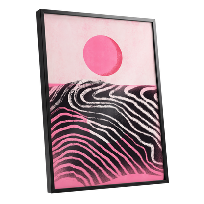 Rosewave Horizon, pink, black, white abstract wall art shown as a black framed poster wall art print