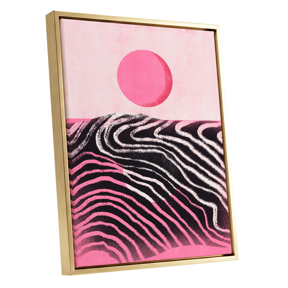 Rosewave Horizon, pink, black, white abstract wall art shown as a gold framed canvas wall art