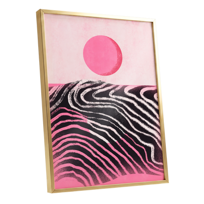 Rosewave Horizon, pink, black, white abstract wall art shown as a gold framed poster wall art print