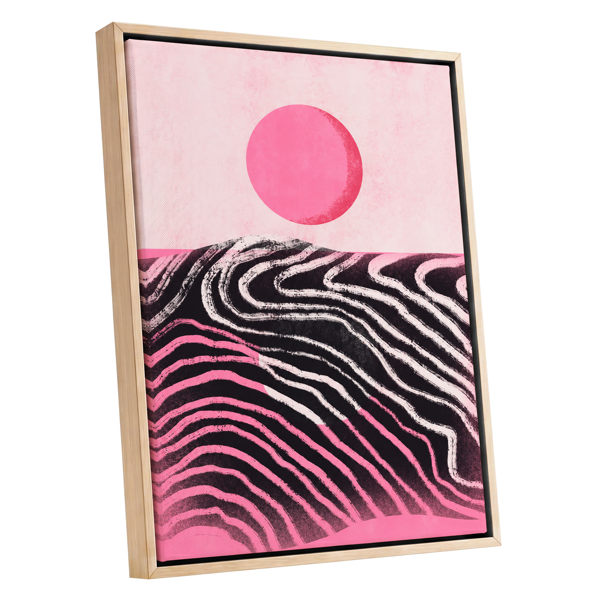 Rosewave Horizon, pink, black, white abstract wall art shown as a oak framed canvas wall art