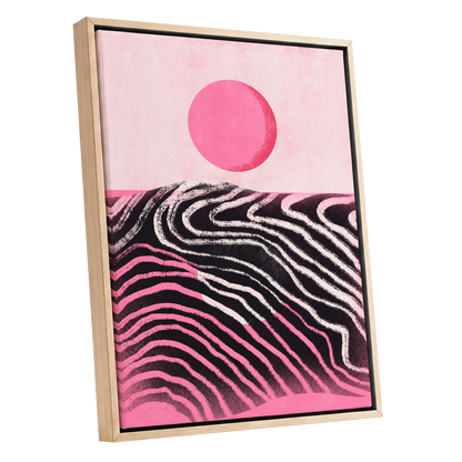 Rosewave Horizon, pink, black, white abstract wall art shown as a oak framed canvas wall art