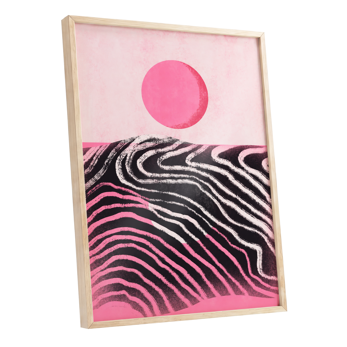 Rosewave Horizon, pink, black, white abstract wall art shown as a oak framed poster wall art print