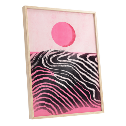 Rosewave Horizon, pink, black, white abstract wall art shown as a oak framed poster wall art print