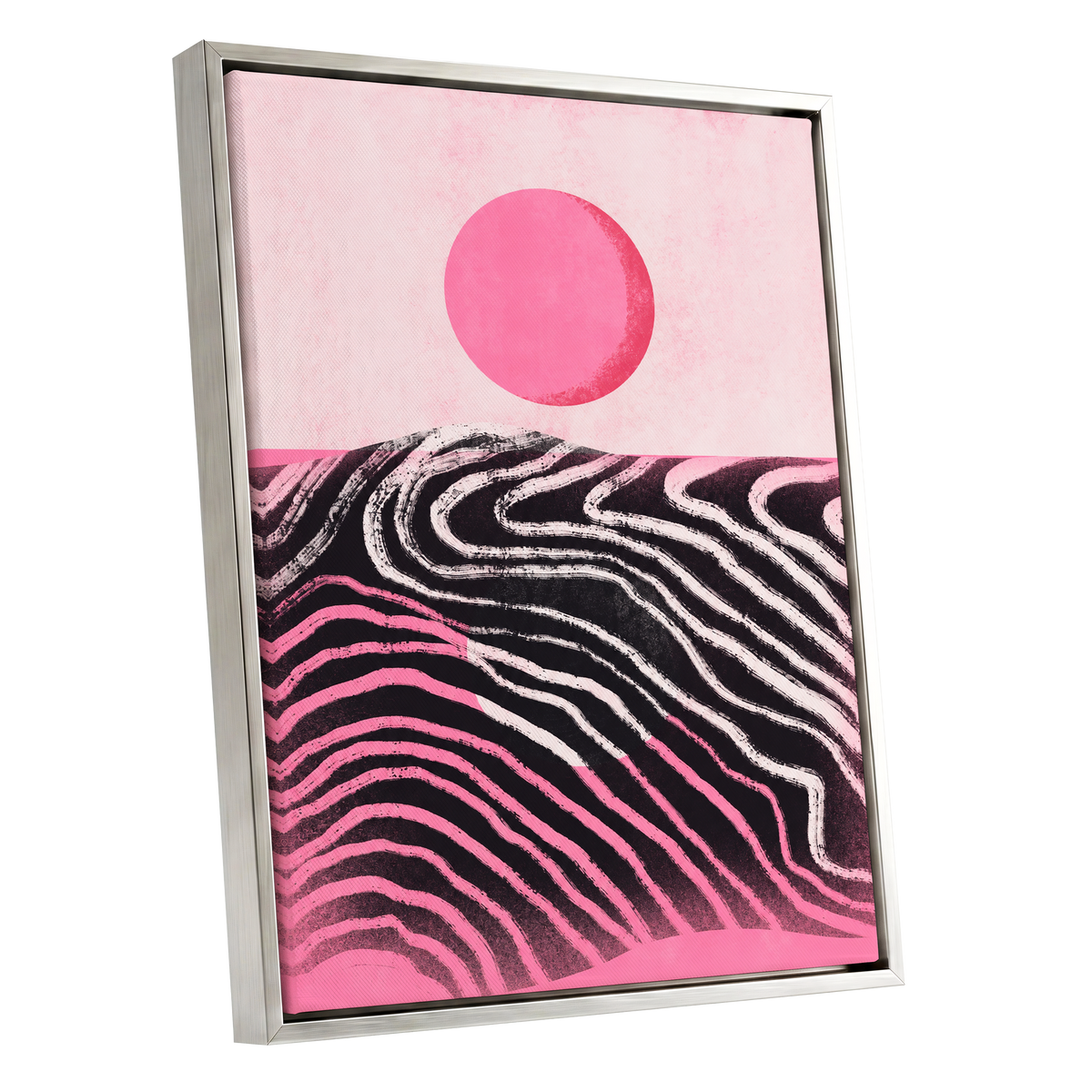 Rosewave Horizon, pink, black, white abstract wall art shown as a silver framed canvas wall art