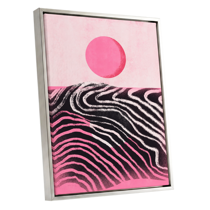 Rosewave Horizon, pink, black, white abstract wall art shown as a silver framed canvas wall art