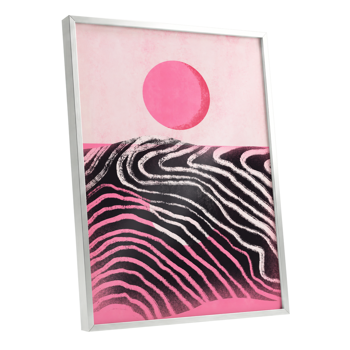 Rosewave Horizon, pink, black, white abstract wall art shown as a silver framed poster wall art print