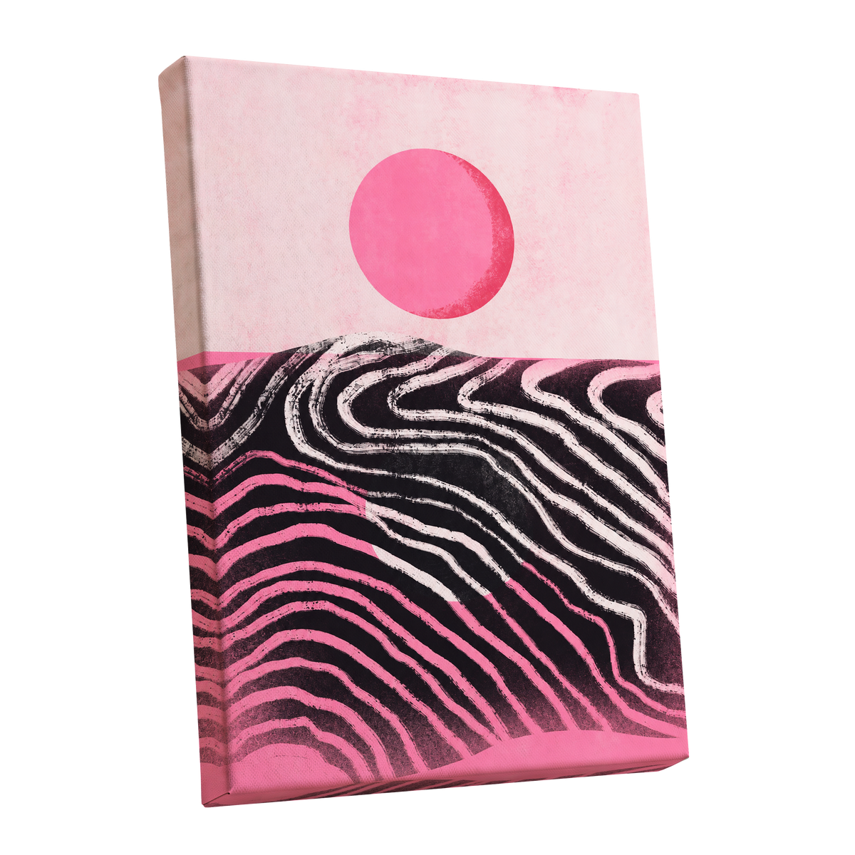 Rosewave Horizon, pink, black, white abstract wall art shown as a stretched canvas wall art