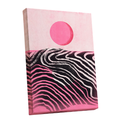 Rosewave Horizon, pink, black, white abstract wall art shown as a stretched canvas wall art