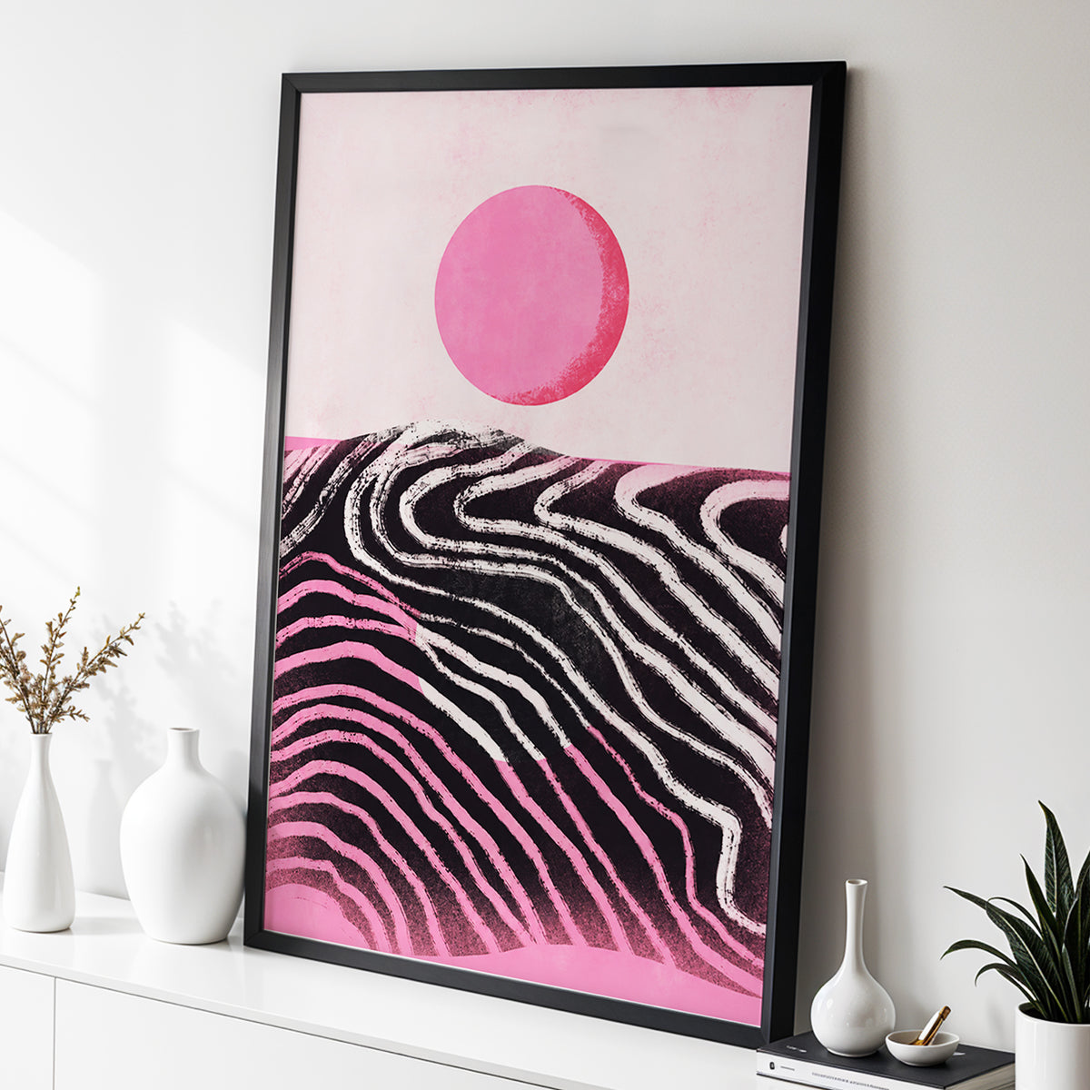 Rosewave Horizon, pink, black, white abstract wall art displayed in a styled interior, gallery view 2