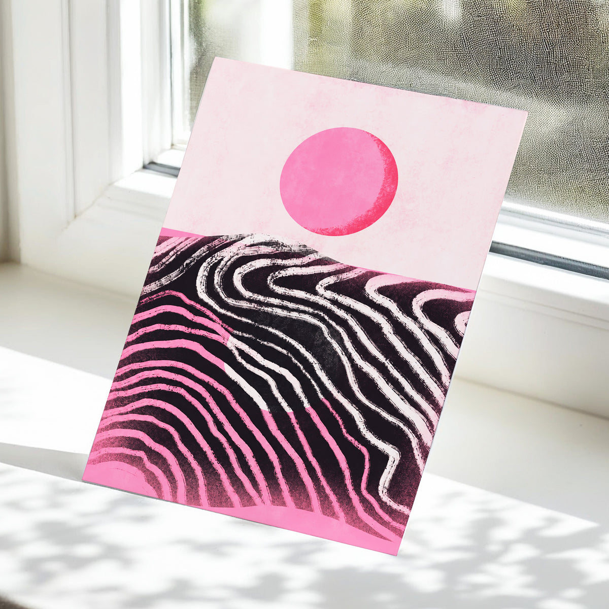 Rosewave Horizon, pink, black, white abstract wall art displayed in a styled interior, gallery view 5