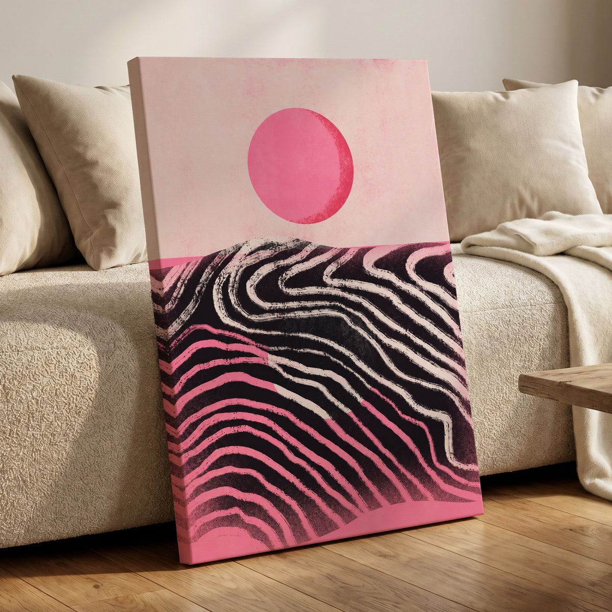Rosewave Horizon, pink, black, white abstract wall art displayed in a styled interior, gallery view 7