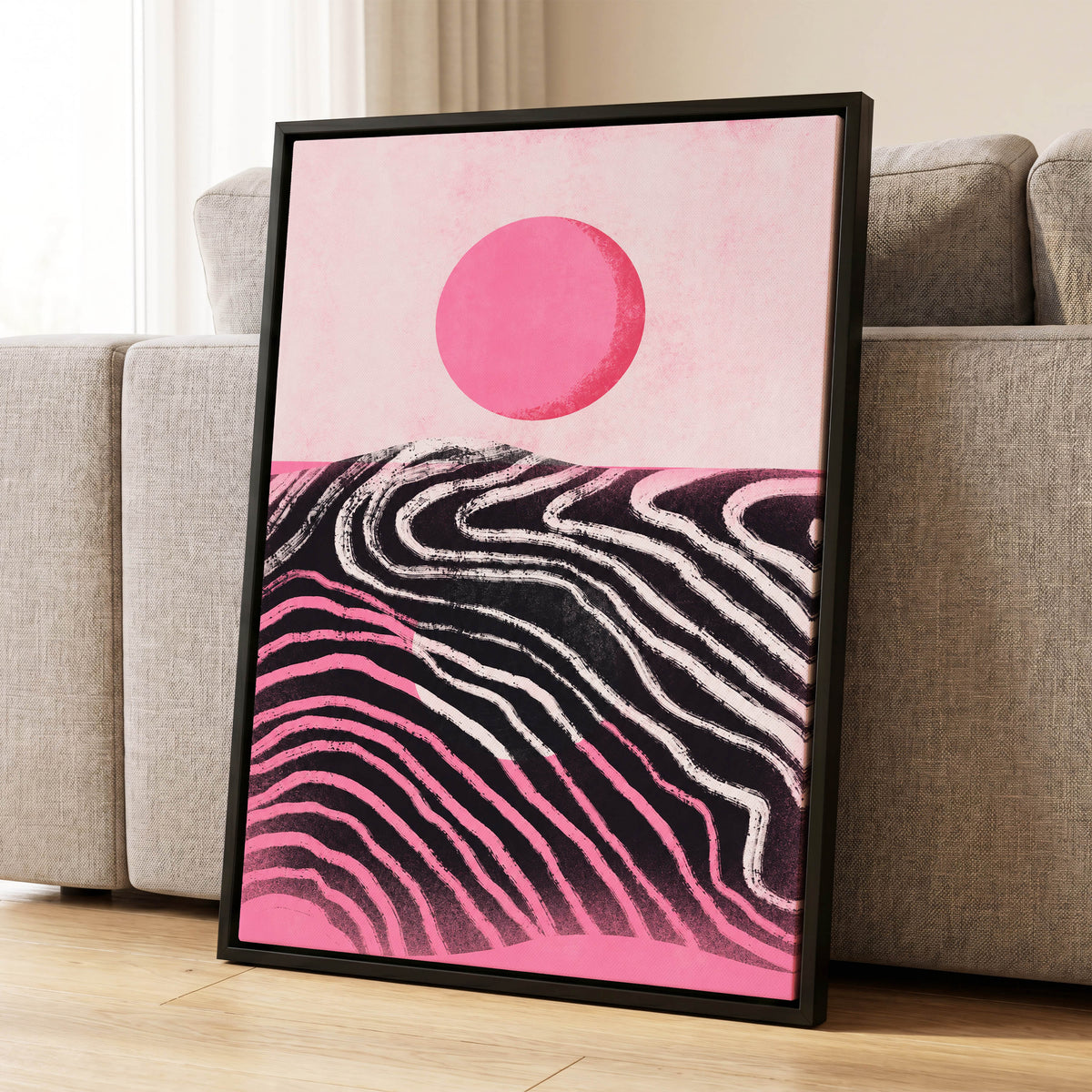 Rosewave Horizon, pink, black, white abstract wall art displayed in a styled interior, gallery view 8
