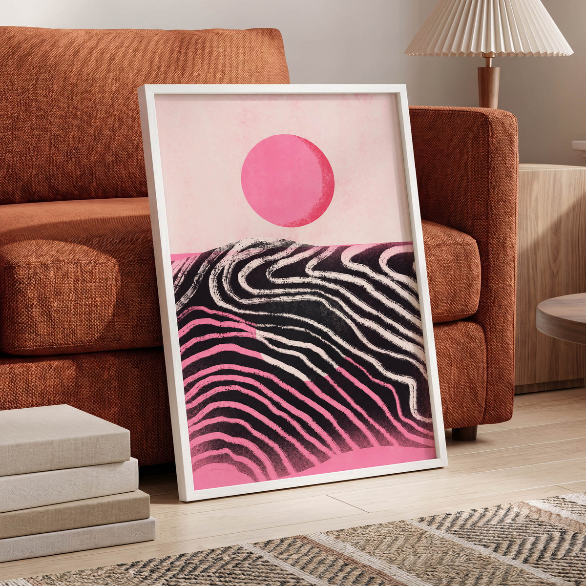 Rosewave Horizon, pink, black, white abstract wall art displayed in a styled interior, gallery view 9