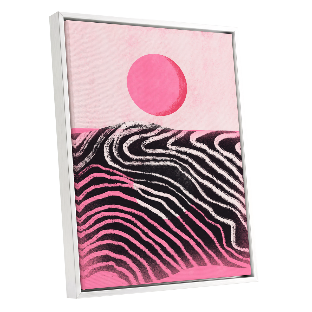 Rosewave Horizon, pink, black, white abstract wall art shown as a white framed canvas wall art