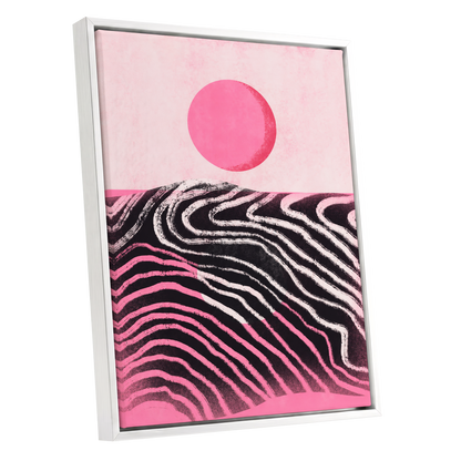 Rosewave Horizon, pink, black, white abstract wall art shown as a white framed canvas wall art
