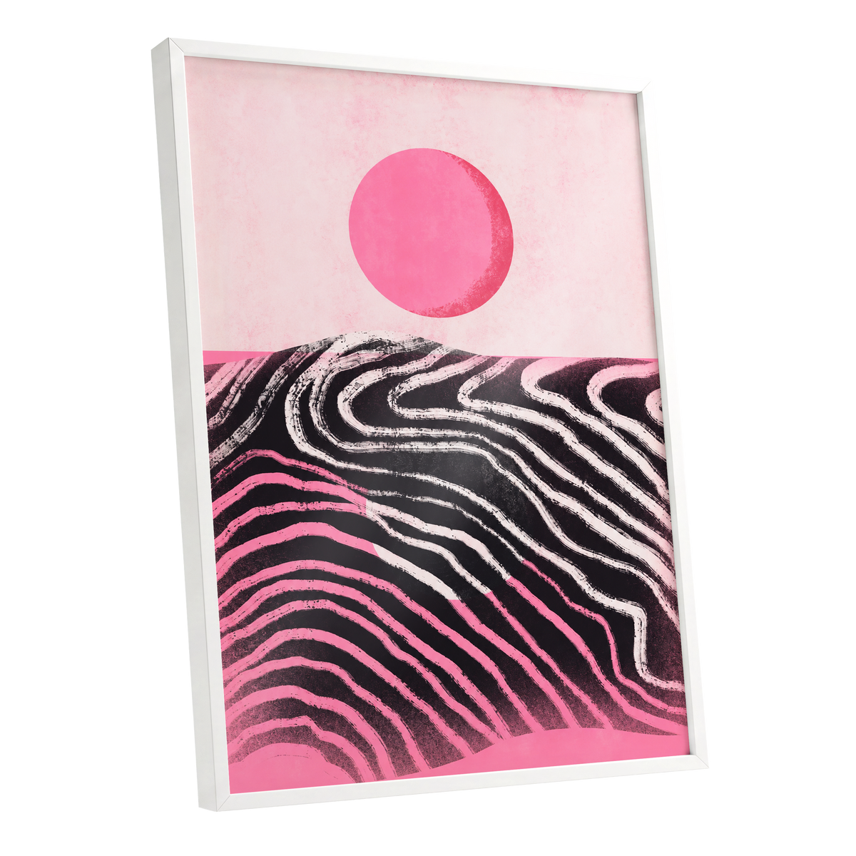 Rosewave Horizon, pink, black, white abstract wall art shown as a white framed poster wall art print