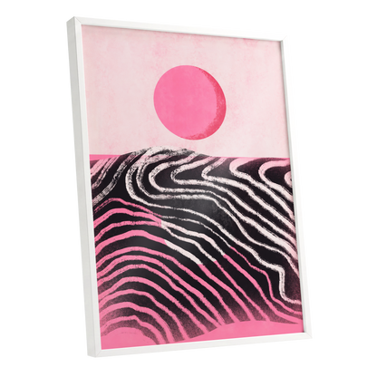 Rosewave Horizon, pink, black, white abstract wall art shown as a white framed poster wall art print