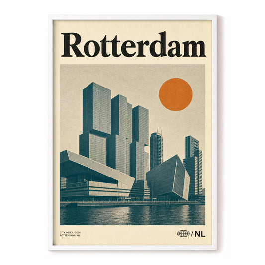 Rotterdam Rising, beige, blue, orange minimalist wall art, front artwork view