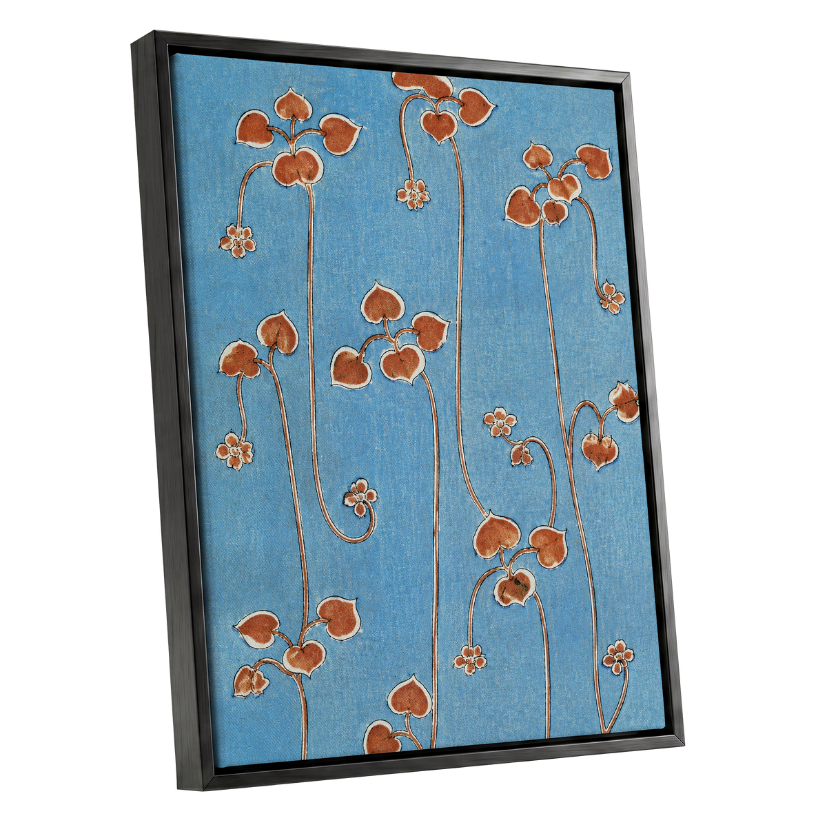 Russet Vine Rhythm, blue, orange, brown floral wall art shown as a black framed canvas wall art