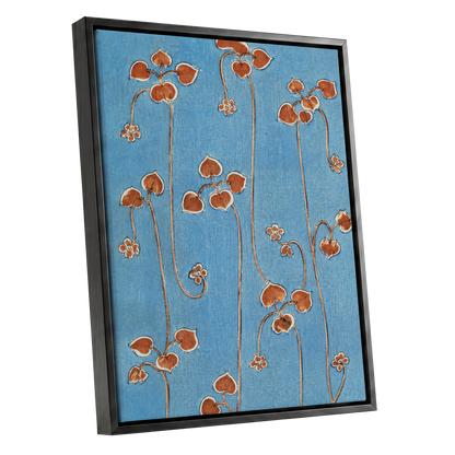 Russet Vine Rhythm, blue, orange, brown floral wall art shown as a black framed canvas wall art