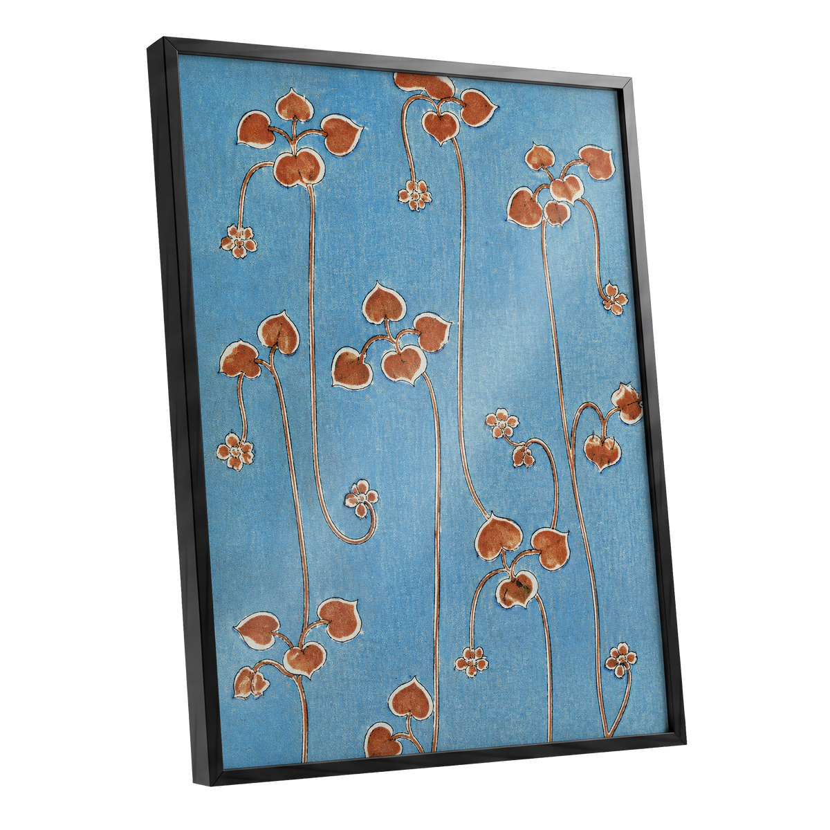 Russet Vine Rhythm, blue, orange, brown floral wall art shown as a black framed poster wall art print