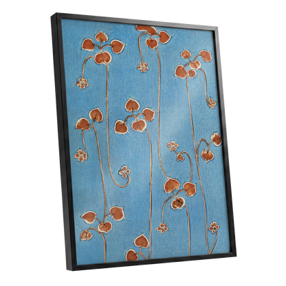 Russet Vine Rhythm, blue, orange, brown floral wall art shown as a black framed poster wall art print
