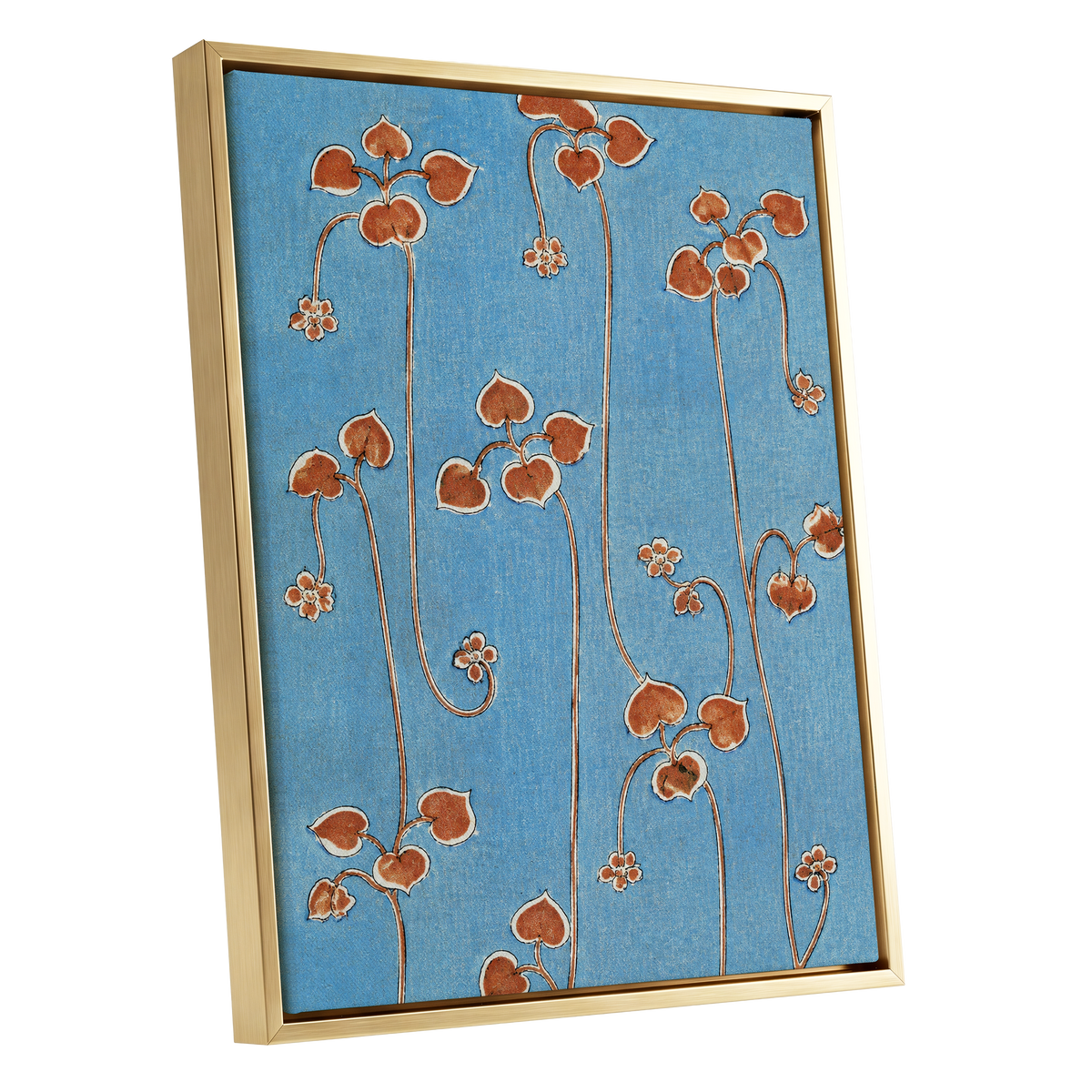 Russet Vine Rhythm, blue, orange, brown floral wall art shown as a gold framed canvas wall art