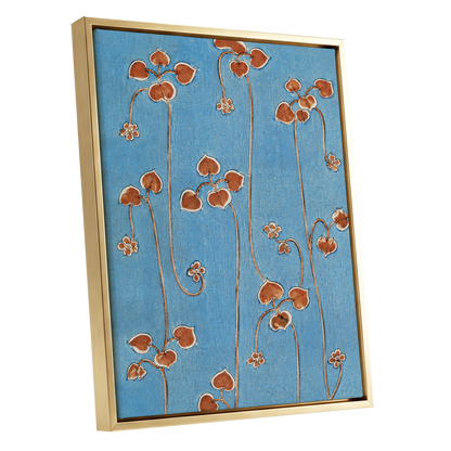 Russet Vine Rhythm, blue, orange, brown floral wall art shown as a gold framed canvas wall art