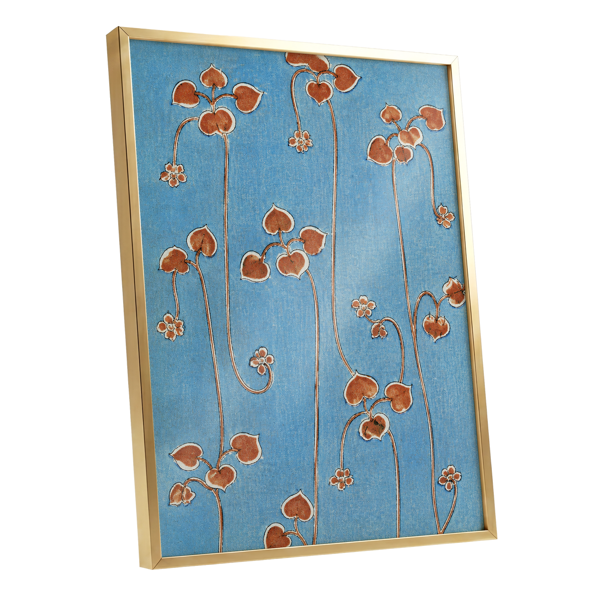 Russet Vine Rhythm, blue, orange, brown floral wall art shown as a gold framed poster wall art print