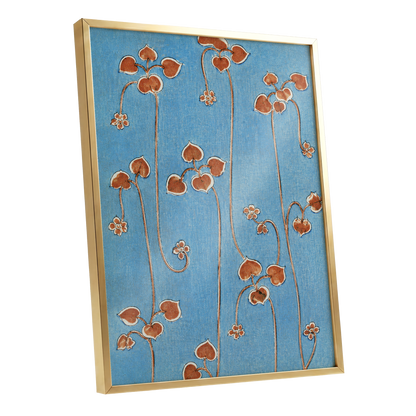 Russet Vine Rhythm, blue, orange, brown floral wall art shown as a gold framed poster wall art print