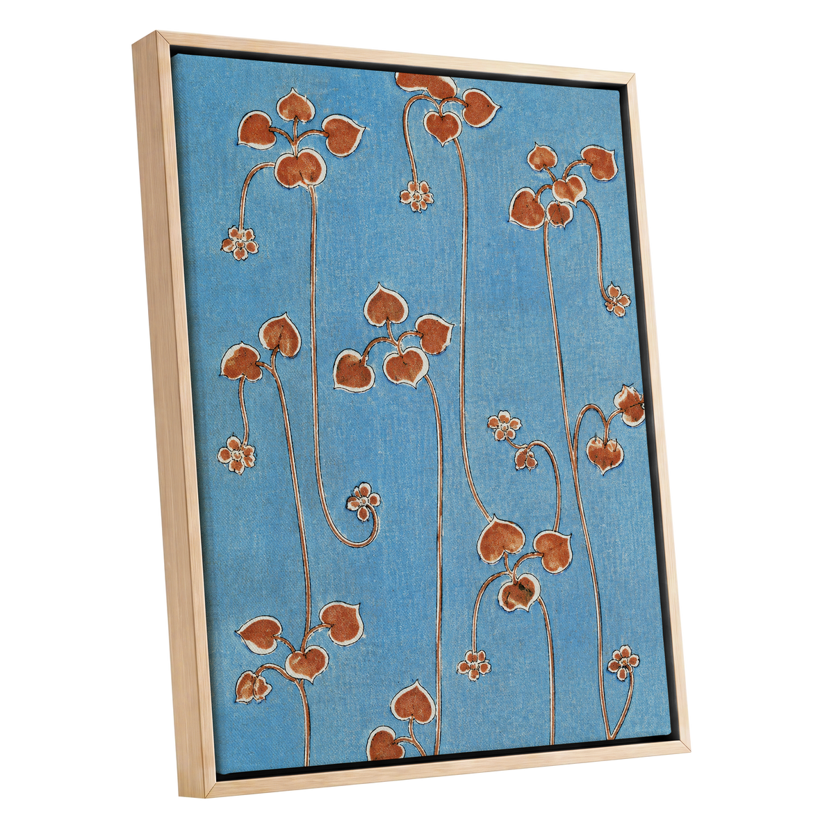Russet Vine Rhythm, blue, orange, brown floral wall art shown as a oak framed canvas wall art