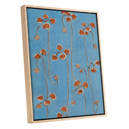 Russet Vine Rhythm, blue, orange, brown floral wall art shown as a oak framed canvas wall art