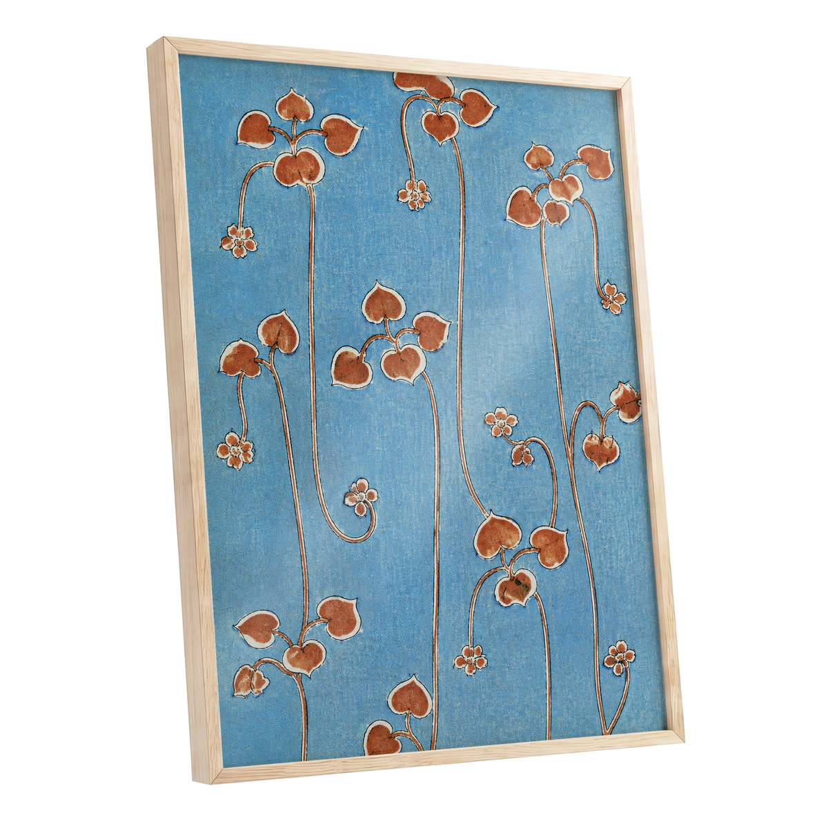 Russet Vine Rhythm, blue, orange, brown floral wall art shown as a oak framed poster wall art print