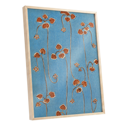 Russet Vine Rhythm, blue, orange, brown floral wall art shown as a oak framed poster wall art print
