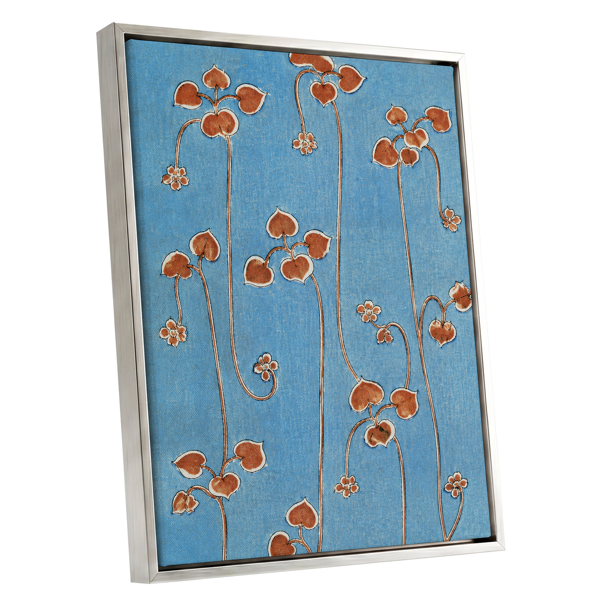 Russet Vine Rhythm, blue, orange, brown floral wall art shown as a silver framed canvas wall art
