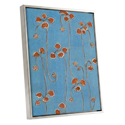 Russet Vine Rhythm, blue, orange, brown floral wall art shown as a silver framed canvas wall art