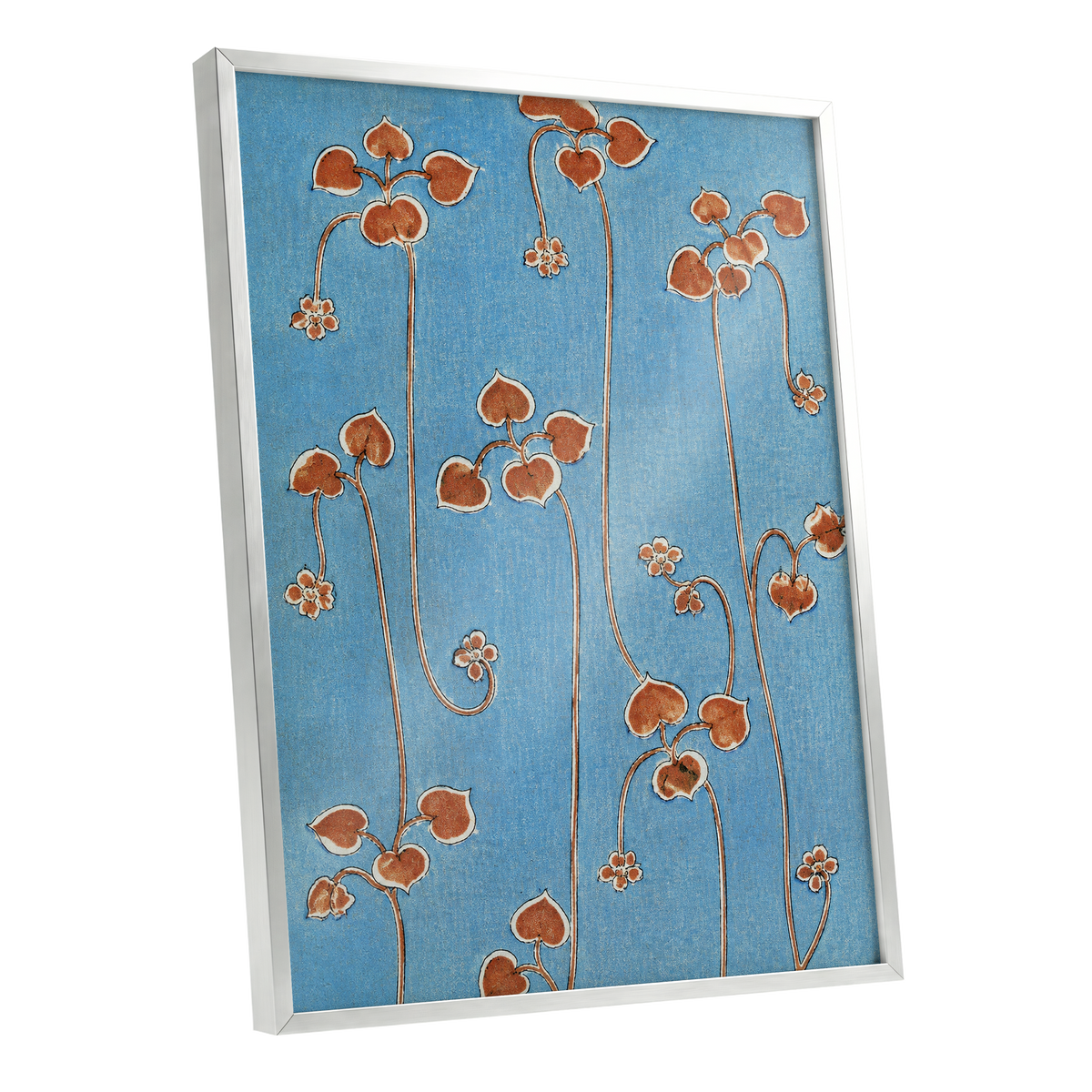 Russet Vine Rhythm, blue, orange, brown floral wall art shown as a silver framed poster wall art print