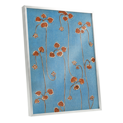 Russet Vine Rhythm, blue, orange, brown floral wall art shown as a silver framed poster wall art print