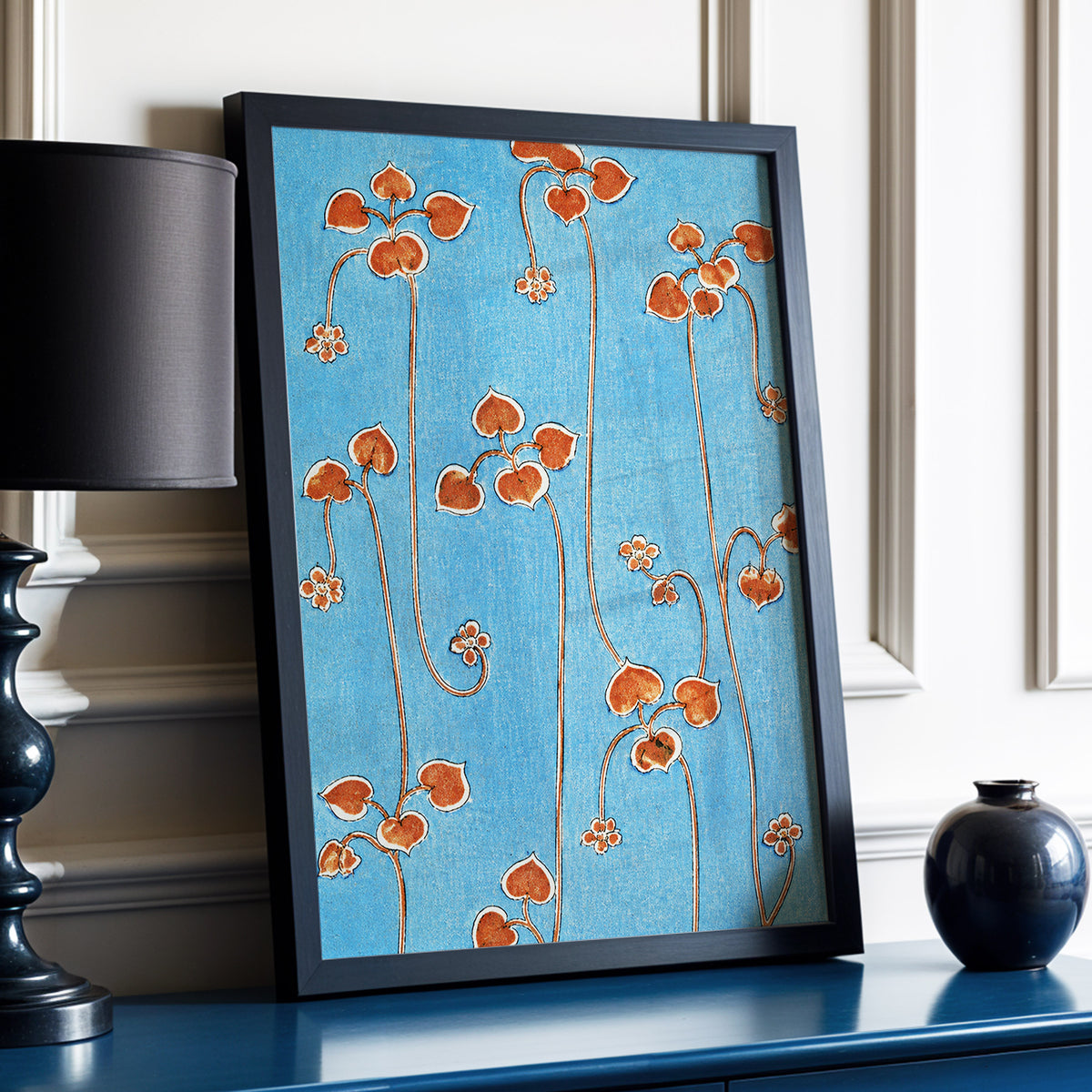 Russet Vine Rhythm, blue, orange, brown floral wall art displayed in a styled interior, gallery view 2