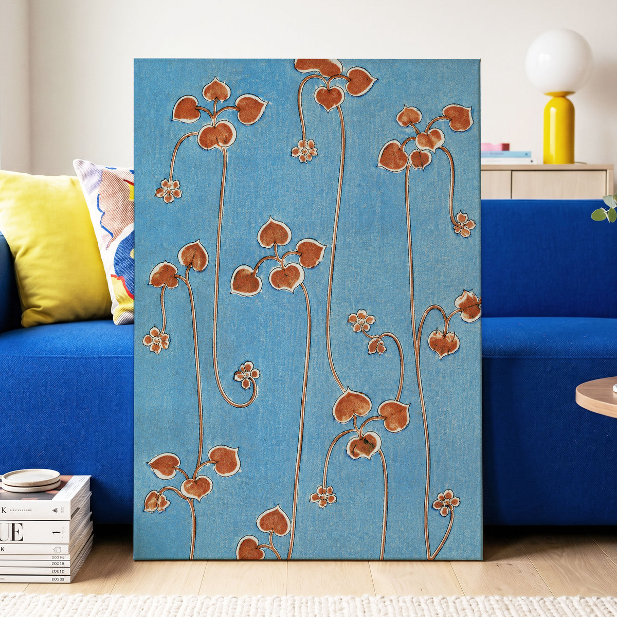 Russet Vine Rhythm, blue, orange, brown floral wall art displayed in a styled interior, gallery view 3