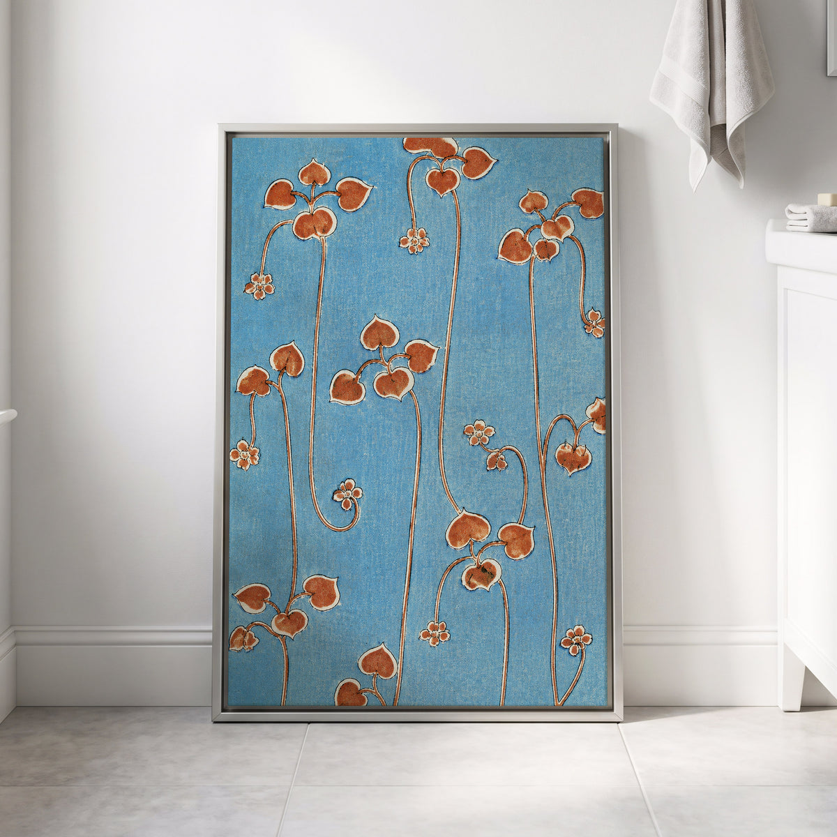 Russet Vine Rhythm, blue, orange, brown floral wall art displayed in a styled interior, gallery view 4