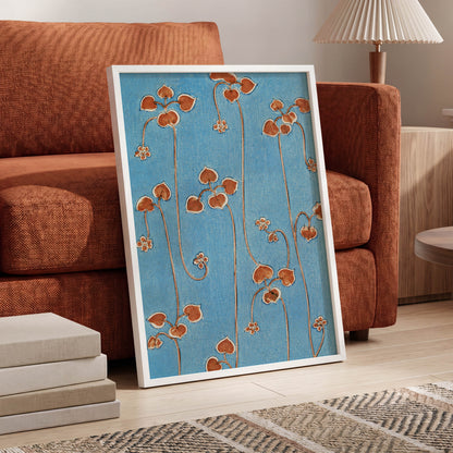 Russet Vine Rhythm, blue, orange, brown floral wall art displayed in a styled interior, gallery view 6