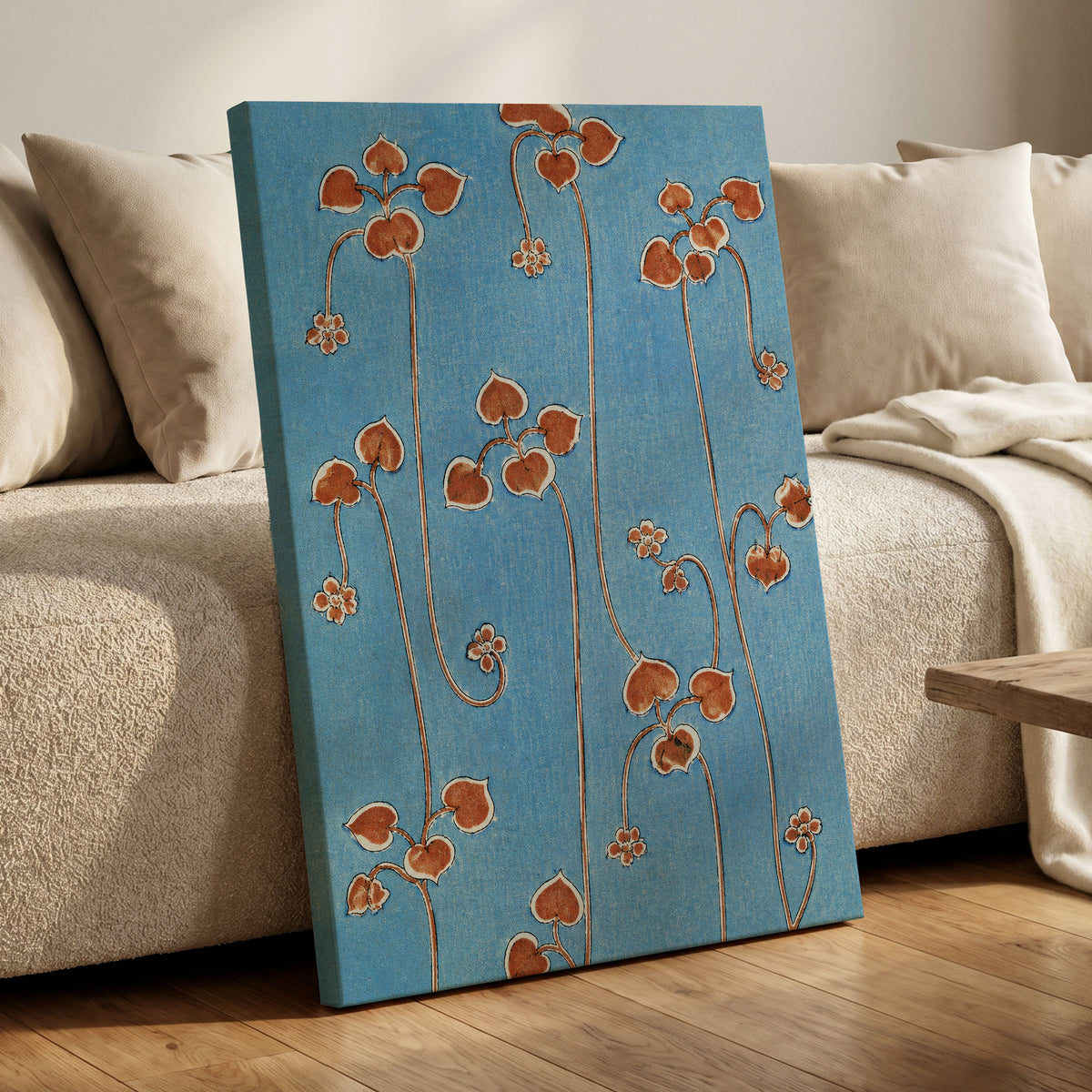 Russet Vine Rhythm, blue, orange, brown floral wall art displayed in a styled interior, gallery view 7